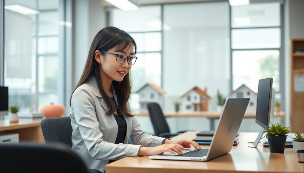 real estate office someone working on desk with laptop