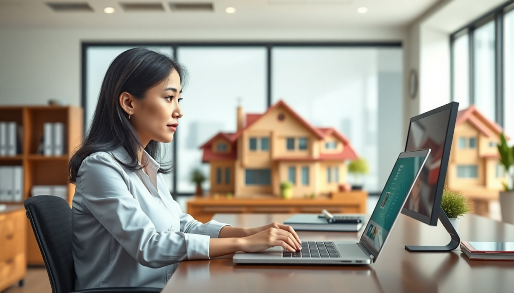 real estate office someone working on desk with laptop v2