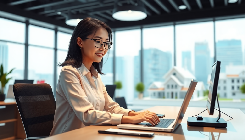 real estate office someone working on desk with laptop v3